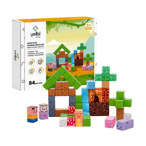 Magnetyczne kostki Dino 84 szt. Yellsi MagnetIQ – opakowanie i budowla z kostek